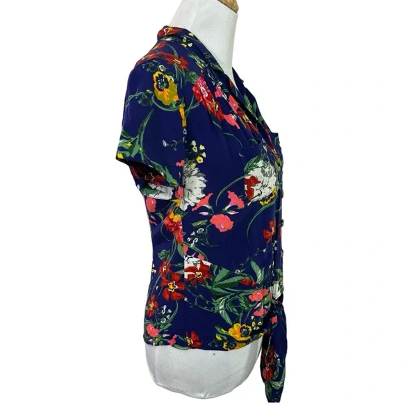 Anthropologie Maeve Navy Floral Tie Front Button Down Top Size 4 - Picture 6 of 9